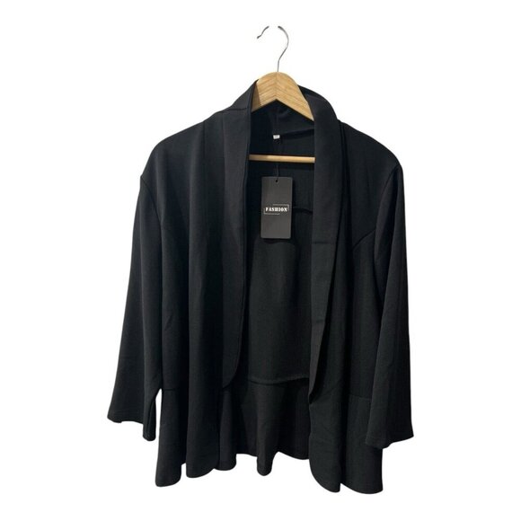 Blazer Jackets & Blazers - Fashion Women’s Black Open Front Blazer Jacket Plus Size 2XL Peplum 3/4 Sleeves